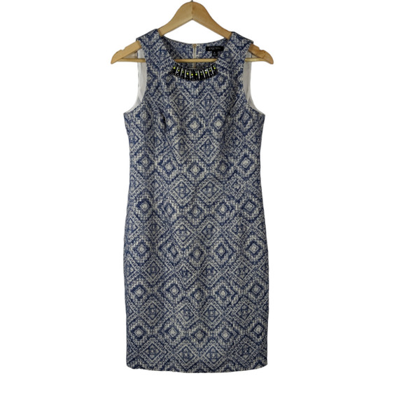 Etcetera Dresses & Skirts - Etcetera Dress 6 Blue White Embellished Collar Sleeveless Knee Length Sheath